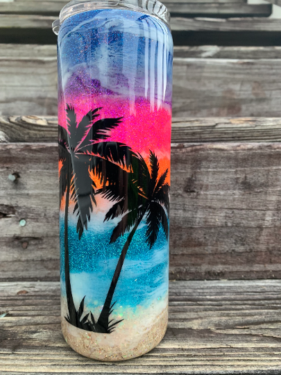 Glittered sunset beach tumbler 20 oz