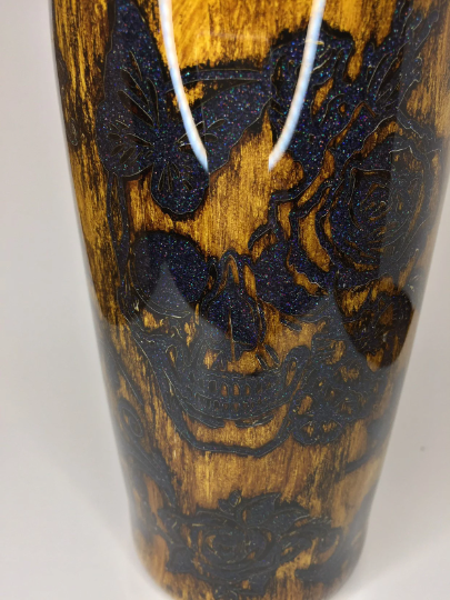 Woodgrain distressed peekaboo glittered tumbler, skull, butterflies, roses 20 oz