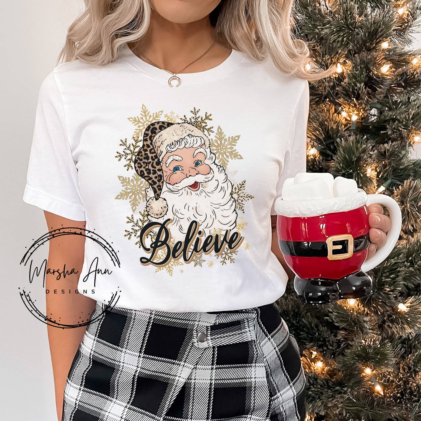 Santa Claus Believe T-Shirt, Leopard Print, Glitter Snowflakes