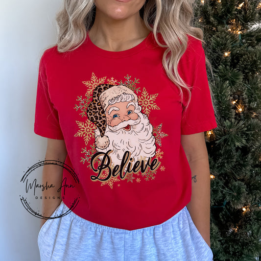 Santa Claus Believe T-Shirt, Leopard Print, Glitter Snowflakes