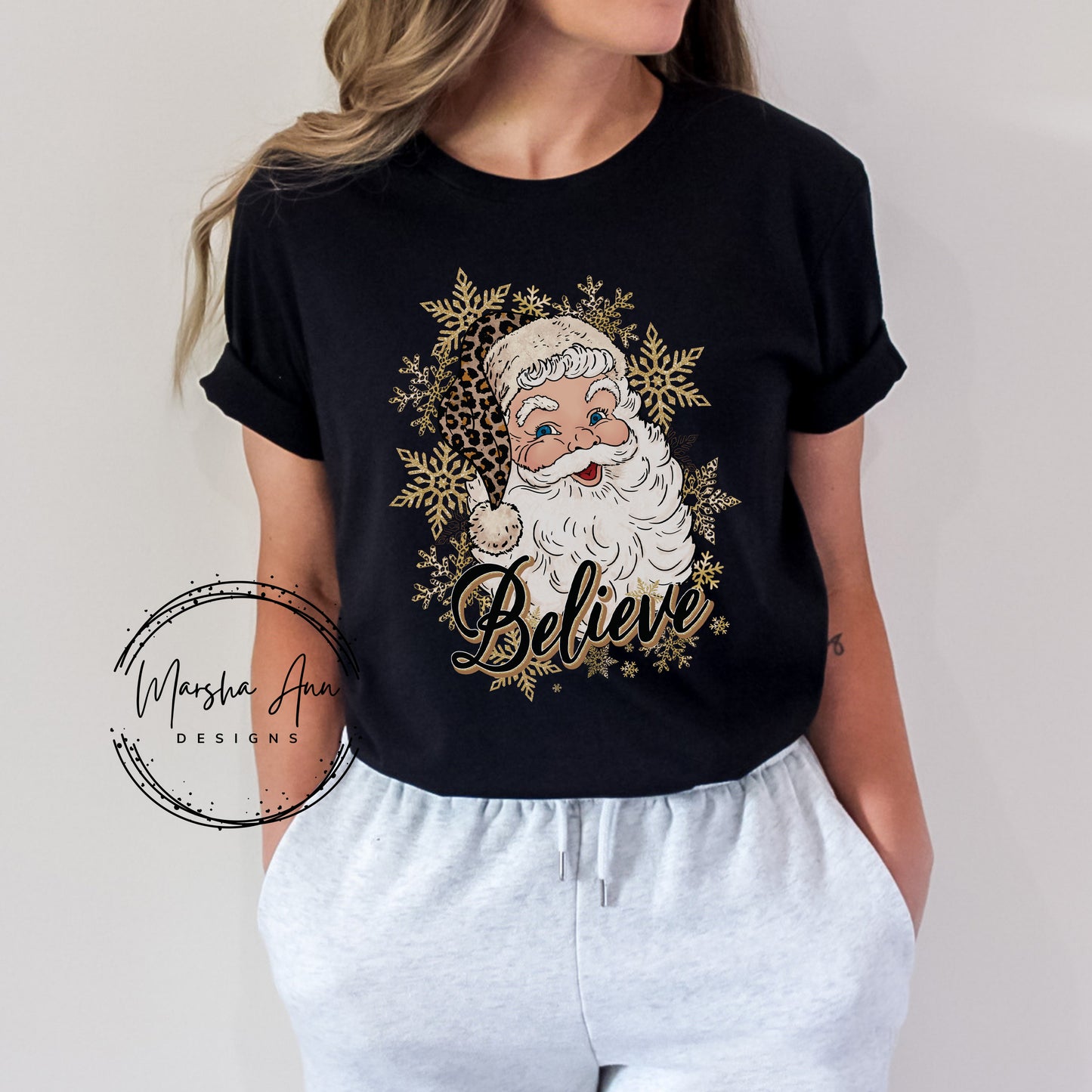 Santa Claus Believe T-Shirt, Leopard Print, Glitter Snowflakes