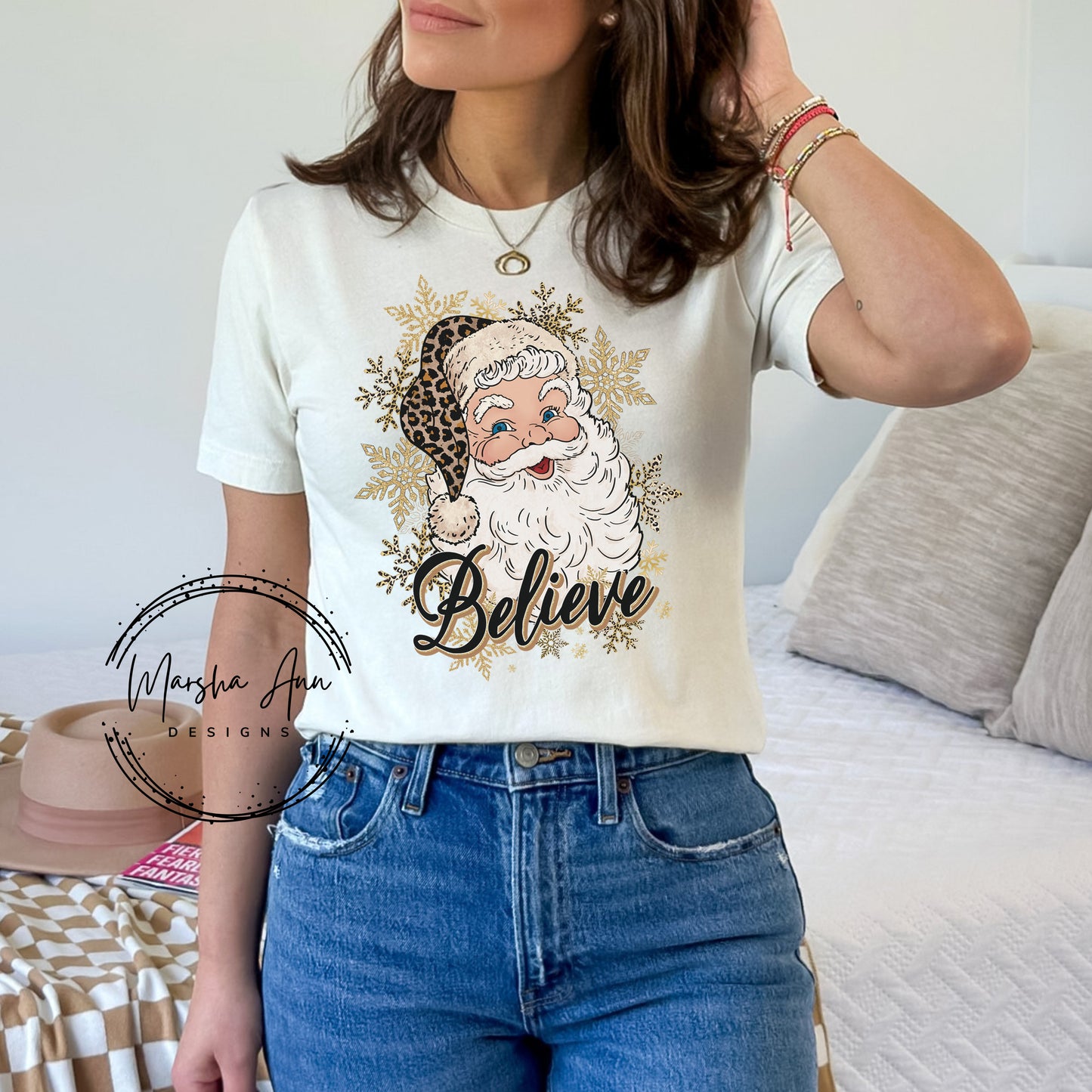 Santa Claus Believe T-Shirt, Leopard Print, Glitter Snowflakes