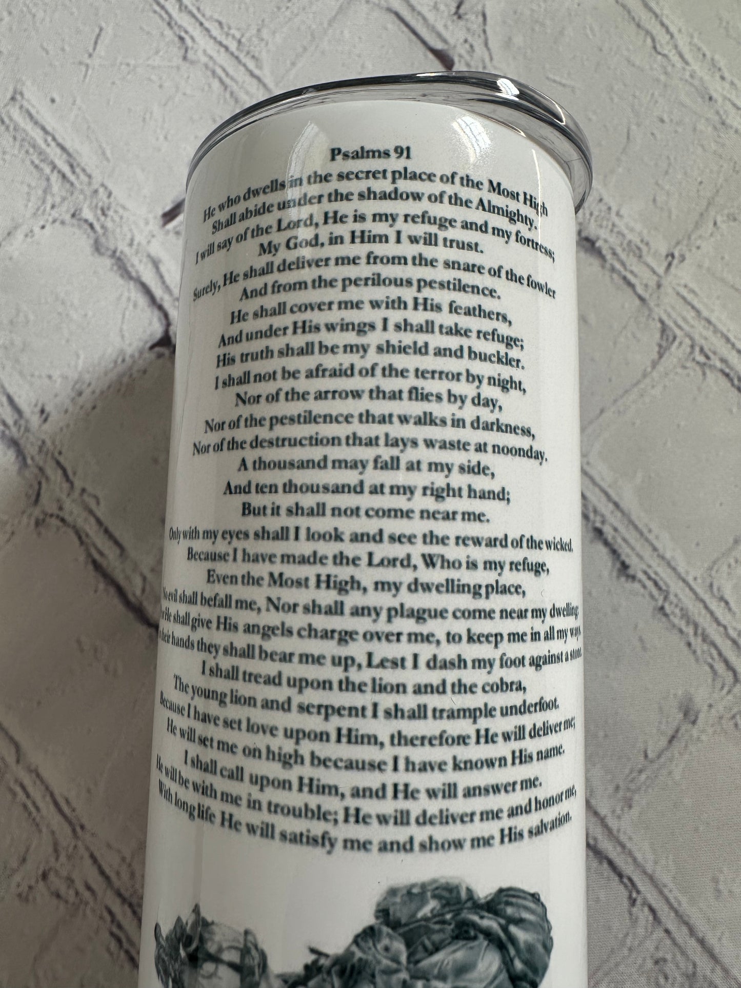 Flag and cross on one side and soldier and psalms 91 on the other 20 oz tumbler