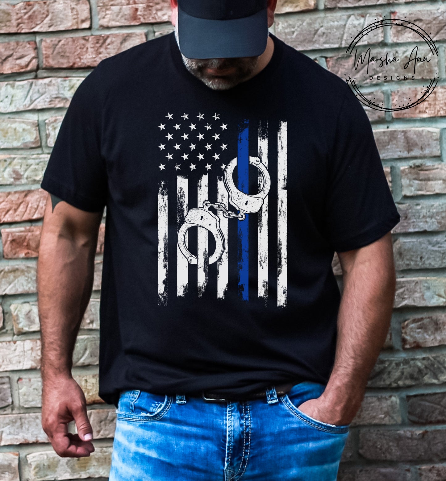 Back The Blue Shirt - Distressed flag with cuffs