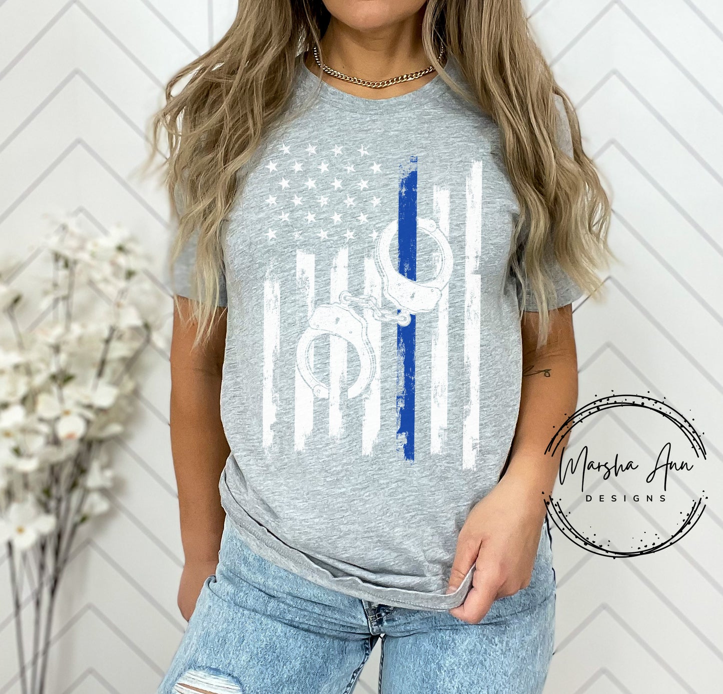 Back The Blue Shirt - Distressed flag with cuffs