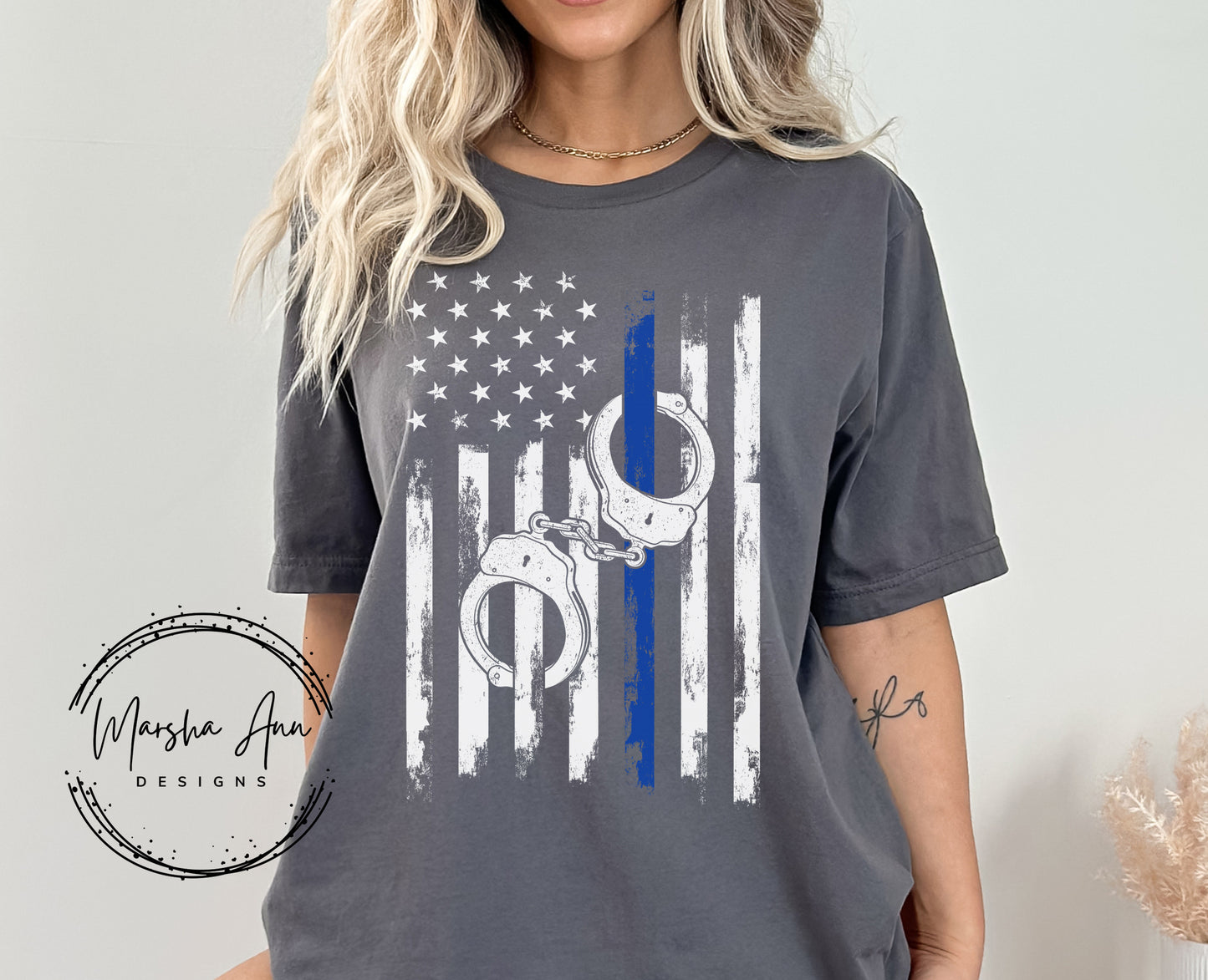 Back The Blue Shirt - Distressed flag with cuffs