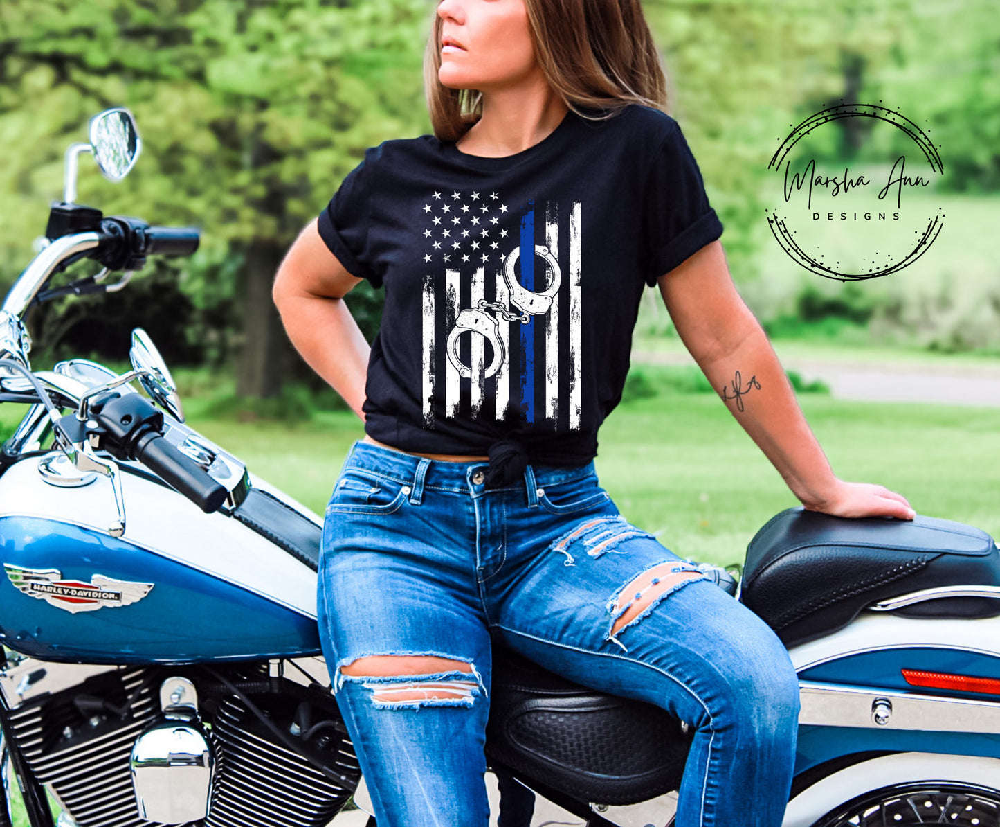 Back The Blue Shirt - Distressed flag with cuffs