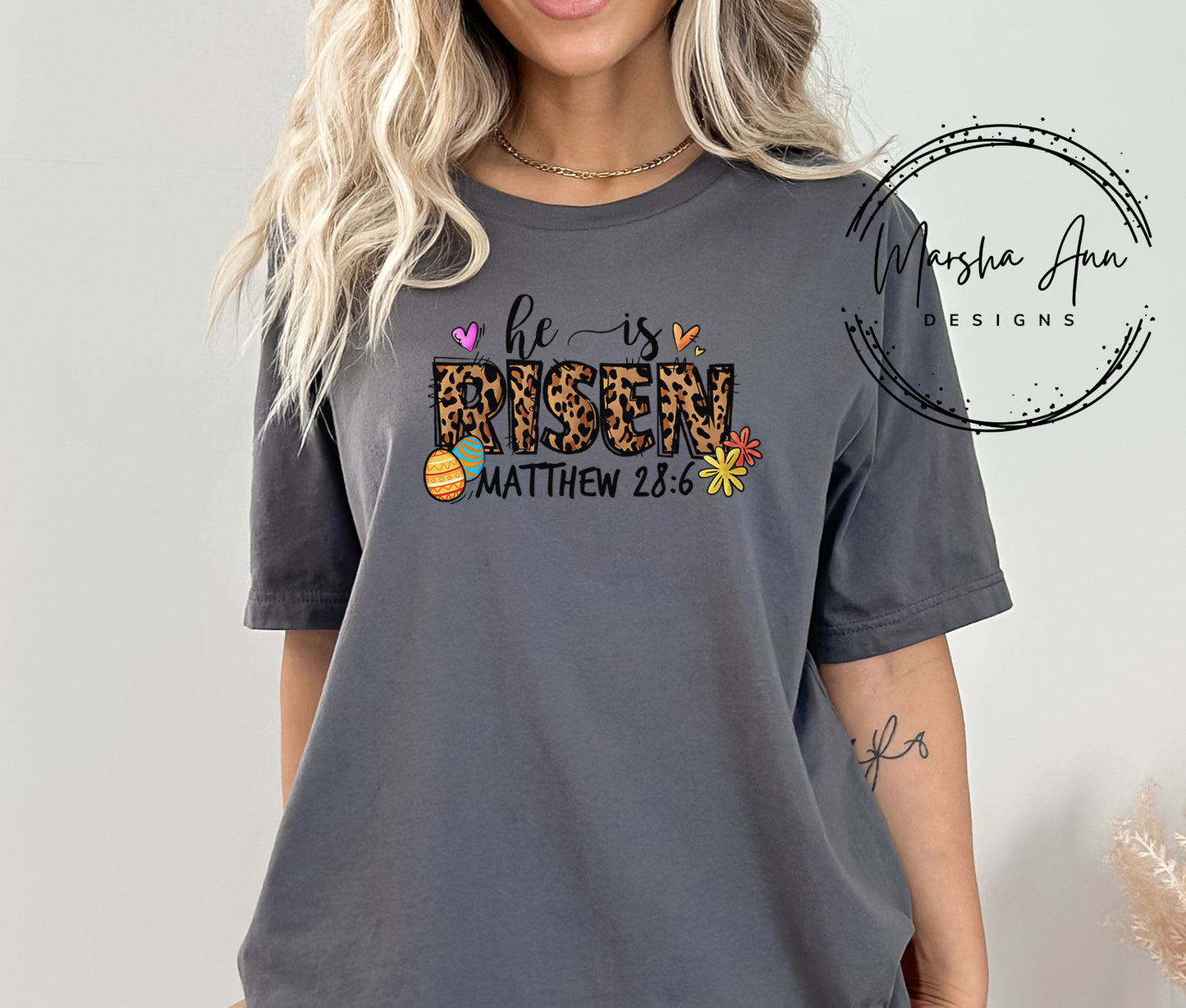 He is Risen, Matthew 28:6 T-shirt - Leopard Print