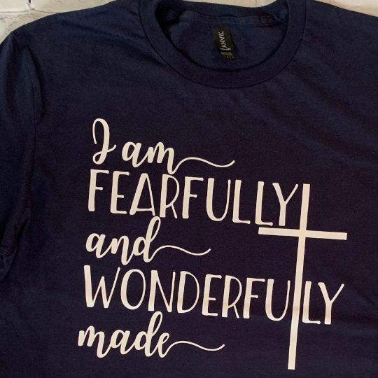 I Am Fearfully and Wonderfully made with a cross T-shirt