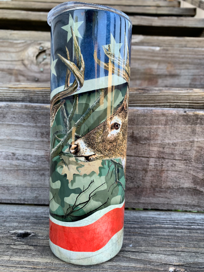 American flag with deer camouflage 20 oz