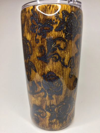 Woodgrain distressed peekaboo glittered tumbler, skull, butterflies, roses 20 oz