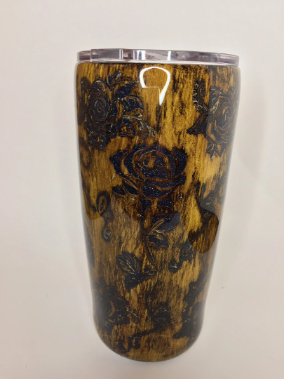 Woodgrain distressed peekaboo glittered tumbler, skull, butterflies, roses 20 oz