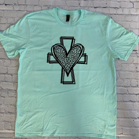 Cross with leopard print heart T-shirt