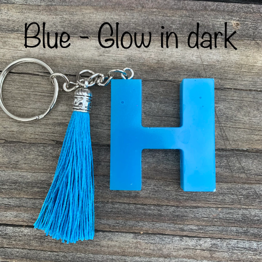 Letter Keychain, Glittered Keychain, Glow in the dark with tassel, you pick letter and style