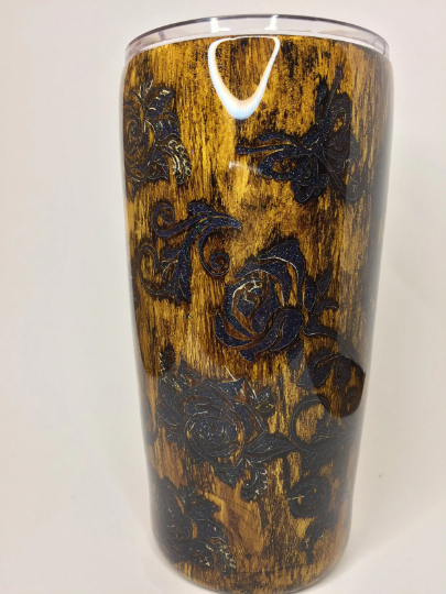 Woodgrain distressed peekaboo glittered tumbler, skull, butterflies, roses 20 oz