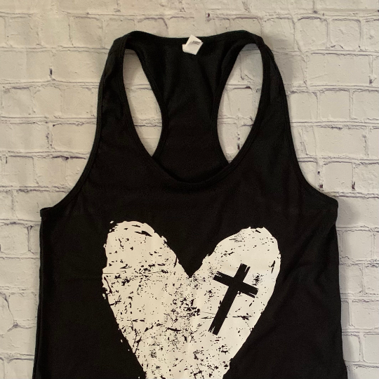 Distressed Heart with Cross Tank Top