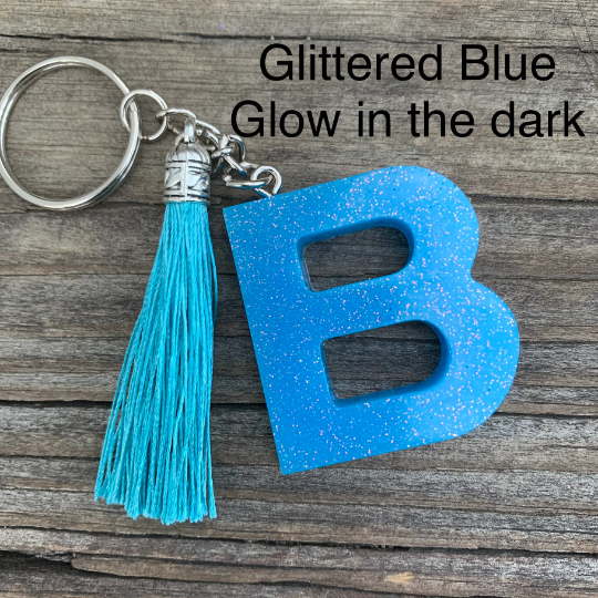 Letter Keychain, Glittered Keychain, Glow in the dark with tassel, you pick letter and style