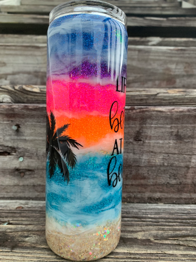 Glittered sunset beach tumbler 20 oz