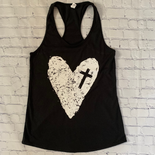 Distressed Heart with Cross Tank Top