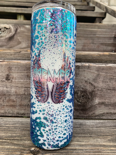 Dreamer wings glittered with power wash design tumbler 20 oz