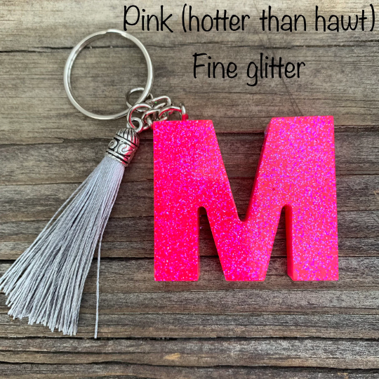 Letter Keychain, Glittered Keychain, Glow in the dark with tassel, you pick letter and style