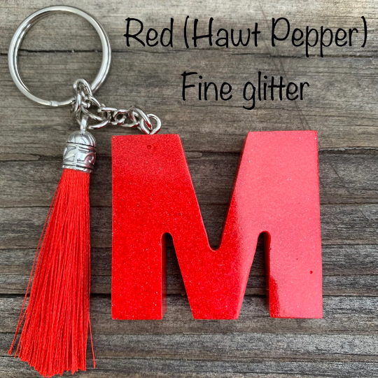 Letter Keychain, Glittered Keychain, Glow in the dark with tassel, you pick letter and style