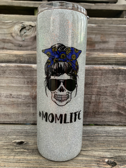 Glittered skull mom life tumbler 20 oz