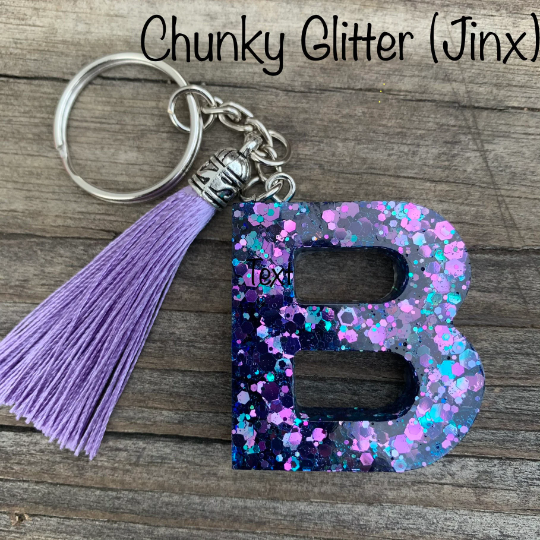 Letter Keychain, Glittered Keychain, Glow in the dark with tassel, you pick letter and style