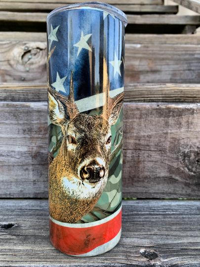 American flag with deer camouflage 20 oz