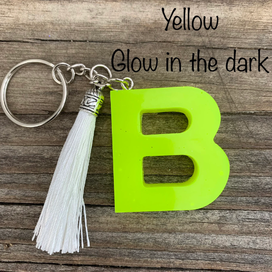 Letter Keychain, Glittered Keychain, Glow in the dark with tassel, you pick letter and style